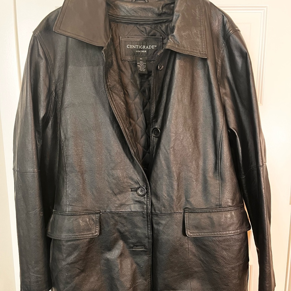 Black Leather Coat with removable quilted lining 2X